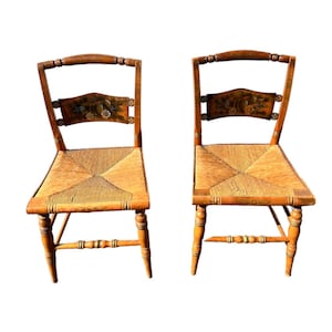 Pair of Vintage Lambert Hitchcock Hand Painted Button Back Rush Seat Dining Chairs