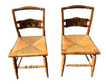 Pair of Vintage Lambert Hitchcock Hand Painted Button Back Rush Seat Dining Chairs