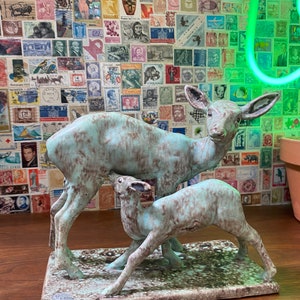 Antique Goldscheider Wien Austria Porcelain Deer and Baby. Doe in green glaze