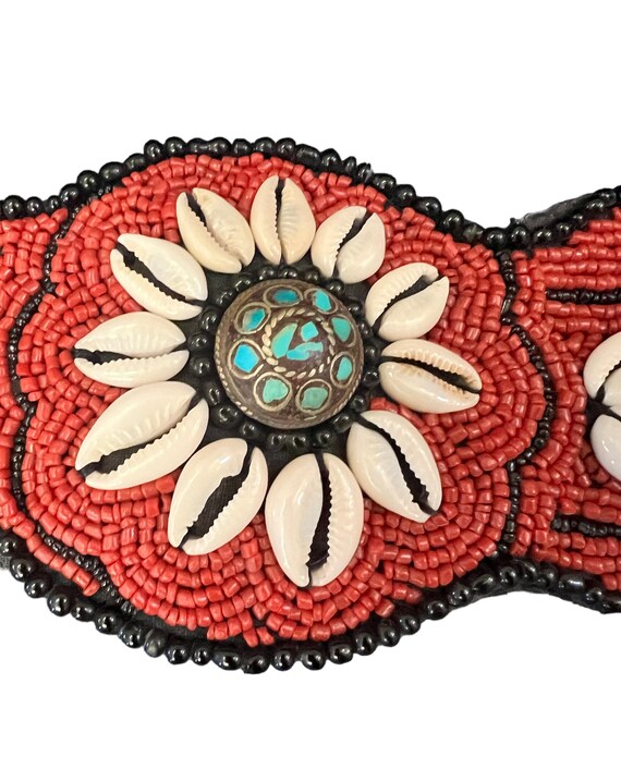 Vintage Tribal Cowrie Shells Beaded Belt With Tur… - image 2