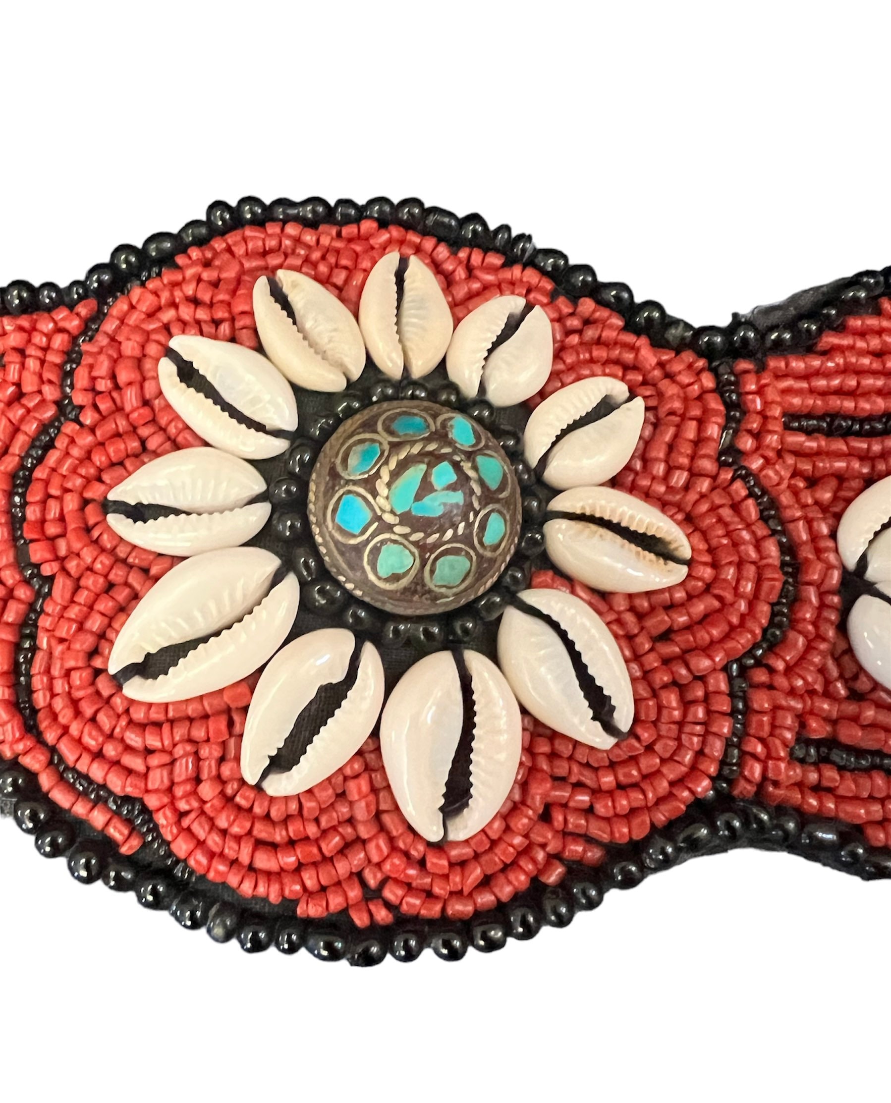 Beaded Belt Vintage Traditional Nepalese Cowrie Shells Red Beads Turquoise Inlay Vintage Handmade Ceremonial African Beaded Belt Turquoise  main image 3
