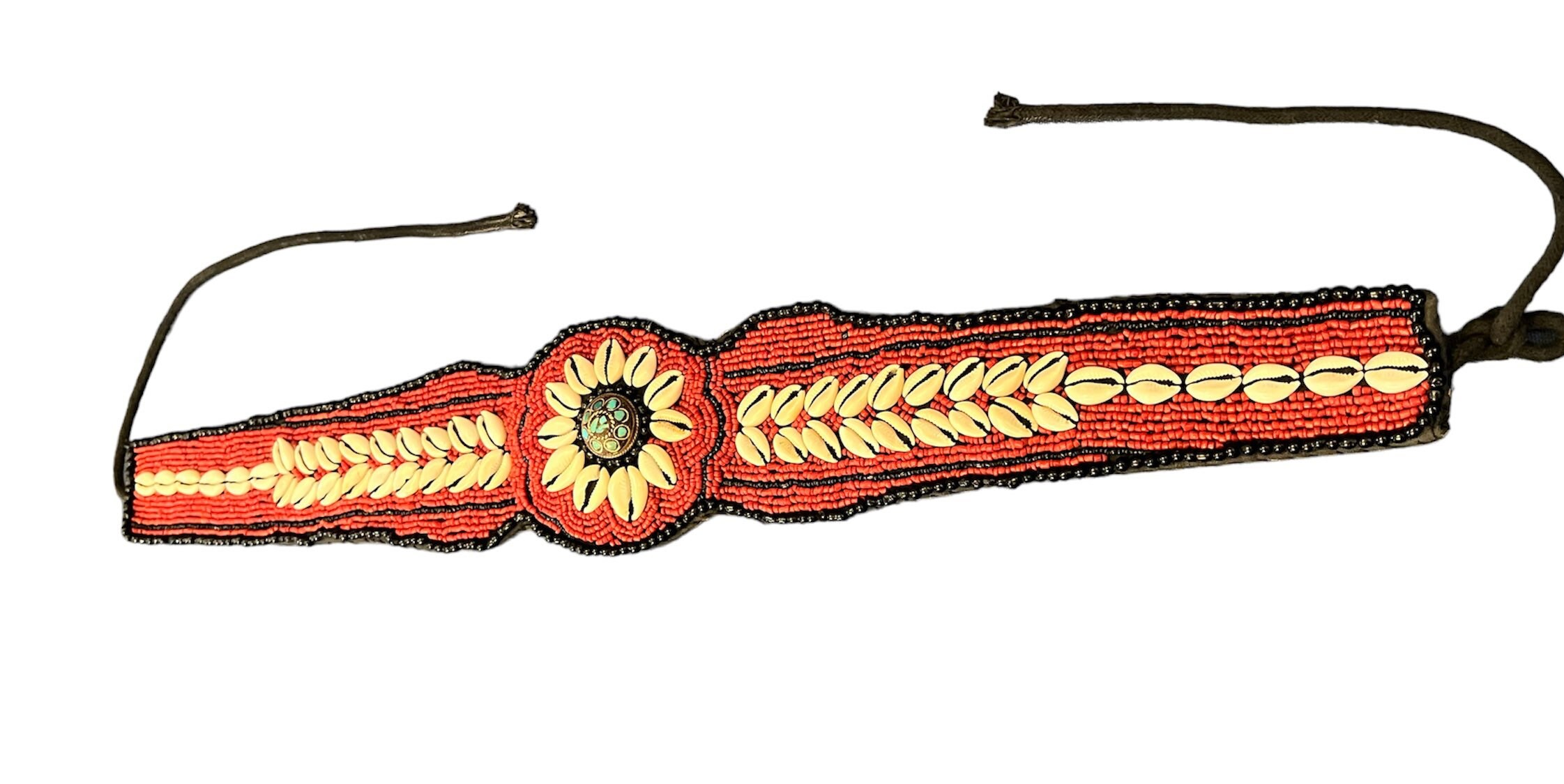 Beaded Belt Vintage Traditional Nepalese Cowrie Shells Red Beads Turquoise Inlay Vintage Tribal Cowrie Shells Beaded Belt With Turquoise  main image 4
