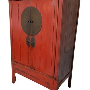 19th Century Antique Chinese Red Lacquered Wedding Cabinet. Traditional Wedding Dowry