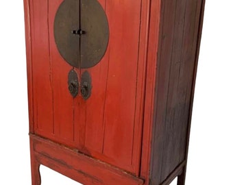 19th Century Antique Chinese Red Lacquered Wedding Cabinet. Traditional Wedding Dowry
