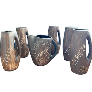 Vintage Stoneware 6pc. Pitcher with Drinking Mugs. Multiple Languages/Sangria Cerveza Beer Steins Wein Birra Set