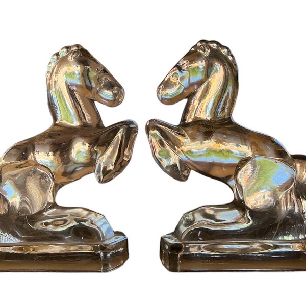 Fostoria Vintage Clear Pressed / Molded Glass Pair of Rearing Horse Bookends 1940s