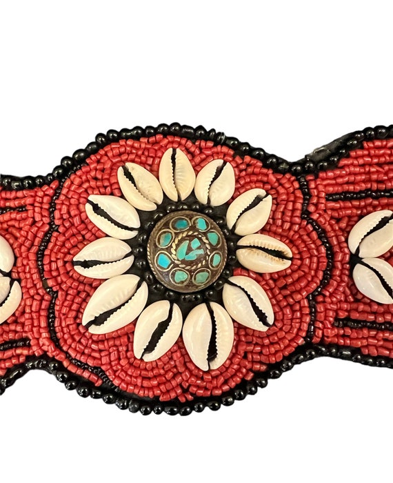 Vintage Tribal Cowrie Shells Beaded Belt With Tur… - image 3