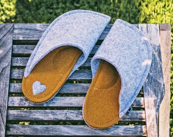 Gray and Mustard Yellow Slippers Made of Wool Felt. Unisex Soft Sole Slippers.