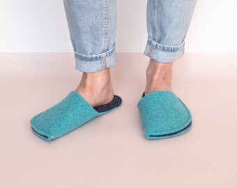 Wool Felt House Slippers: Turquoise Blue, Non-Slip Soles