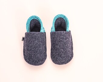 Wool Felt Toddler Slippers: Navy & Turquoise, Non-Slip Soles