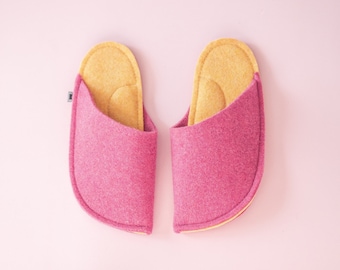 Pink Wool Felt Slippers: Handmade House Shoes with Arch Support