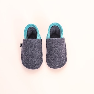 Wool Felt Toddler Slippers: Navy & Turquoise, Non-Slip Soles