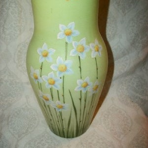 Victorian Bristol Milk Glass Vase HP Moriage Flowers Opalescent Antique Unique 1900