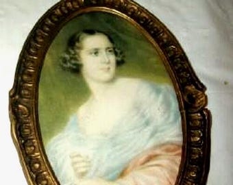 ANTIQUE French Lady Miniature Portrait Print Gilt Wood Frame 1920s Oval