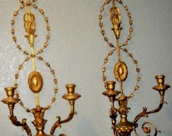 Neo Classical Italian Tole Florentine Carved Gilt Wood Candle Sconces LONG RARE Pair 52 Tiny Carved Wood Flowers Each