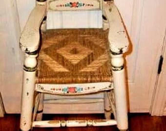 French Country Primitive Mexico Chair Highchair Woven Seat Antique VERY RARE HP Floral Ornate Gold Designs 1920s