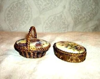 Vintage Max Factor Solid Perfume Compact Basket Pair Porcelain Flowers HYPNOTIQUE Fragrance 1970s