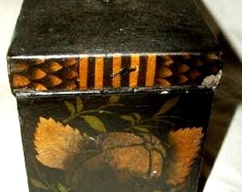 19th Century Americana Toleware Tea Canister Gilt Fruit Folk Art Victorian 1890s Original Alligatored Finish Signed Antique