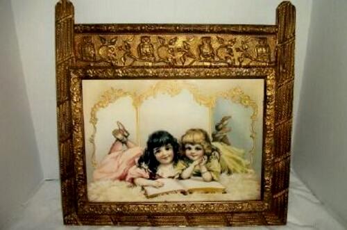 Antique VICTORIAN Wall Pocket Gilt Wood Owls Little Girls Magazine Rack Hanging 1890s Sheet Music