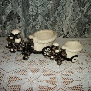 Vintage Pottery French Poodle Vases Pulling Carts Planter Pair Japan Marked Shafford Hand Painted 1950s Mid Century Many Uses