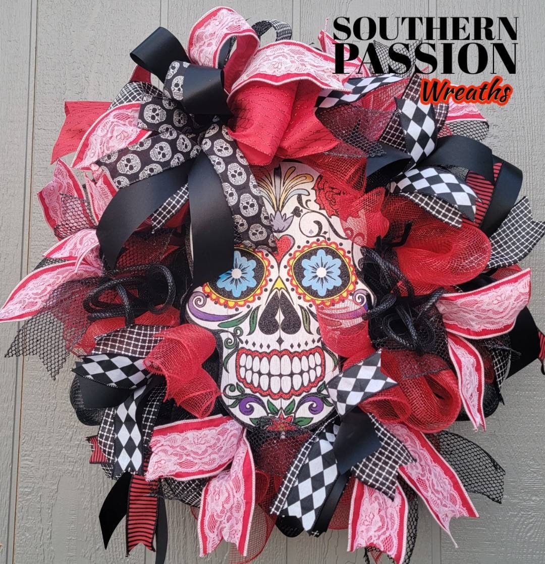 Día Del Los Muertos Wreath Sugar Skull Wreath Day of the Dead Etsy