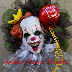 Creepy Pwise Killer Clown Halloween Wreath Clown Wreath We all float down here Horror Wreath It Wreath MADE TO ORDER