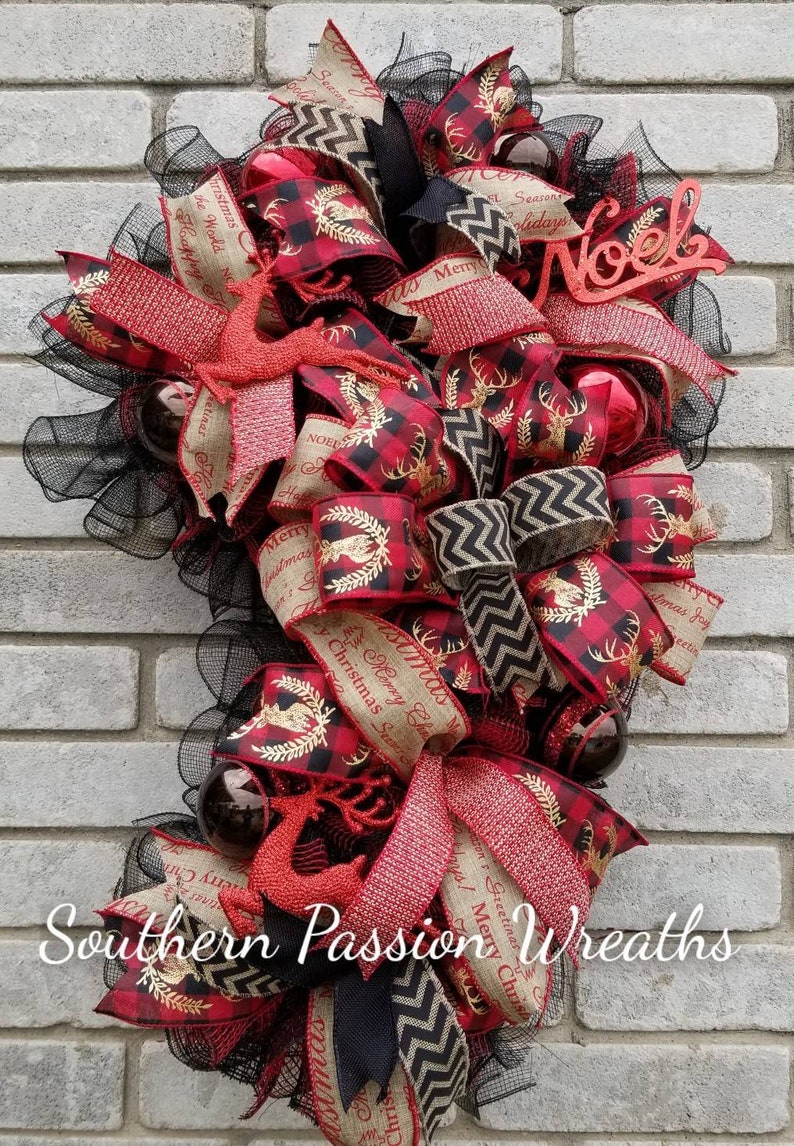 Buffalo plaid Candy Cane Wreath Merry Christmas Wreath candy cane decor Christmas wreath free shipping
