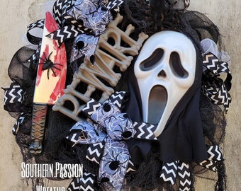 Scream Halloween Wreath Halloween Beware Wreath Scream mask and knife  Halloween Horror Wreath MADE TO ORDER