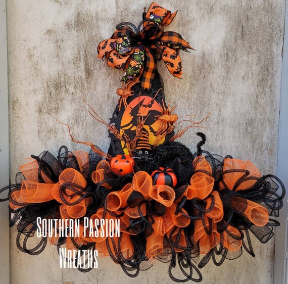 Witch Hat Door Wreaths 16" X 18" Halloween Deco Mesh Witch Hat Door