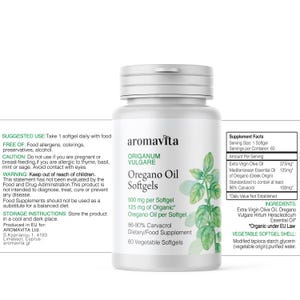 Aromavita Oregano Oil Softgels bottle with 60 capsules. Each contains 125 mg organic oregano oil (86% carvacrol) and olive oil, supporting natural immunity, digestion, and wellness. Perfect for daily use.
