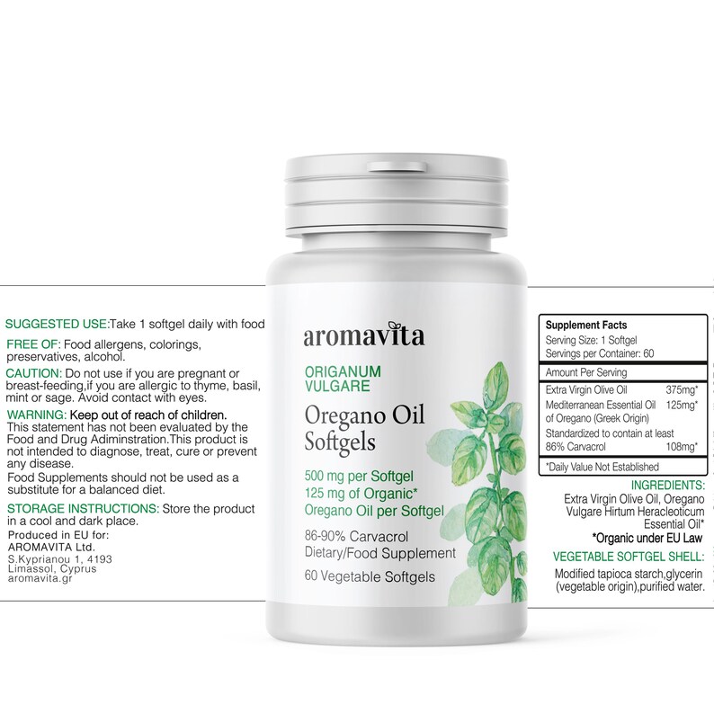 Aromavita Oregano Oil Softgels bottle with 60 capsules. Each contains 125 mg organic oregano oil (86% carvacrol) and olive oil, supporting natural immunity, digestion, and wellness. Perfect for daily use.