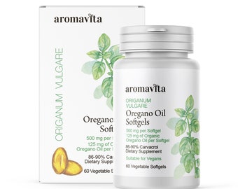 Aromavita Oregano Oil Softgels - Digestive, Kidney & Bladder Support - Vegan, Natural Dietary Supplement - 86-90% Carvacrol - 60 softgels