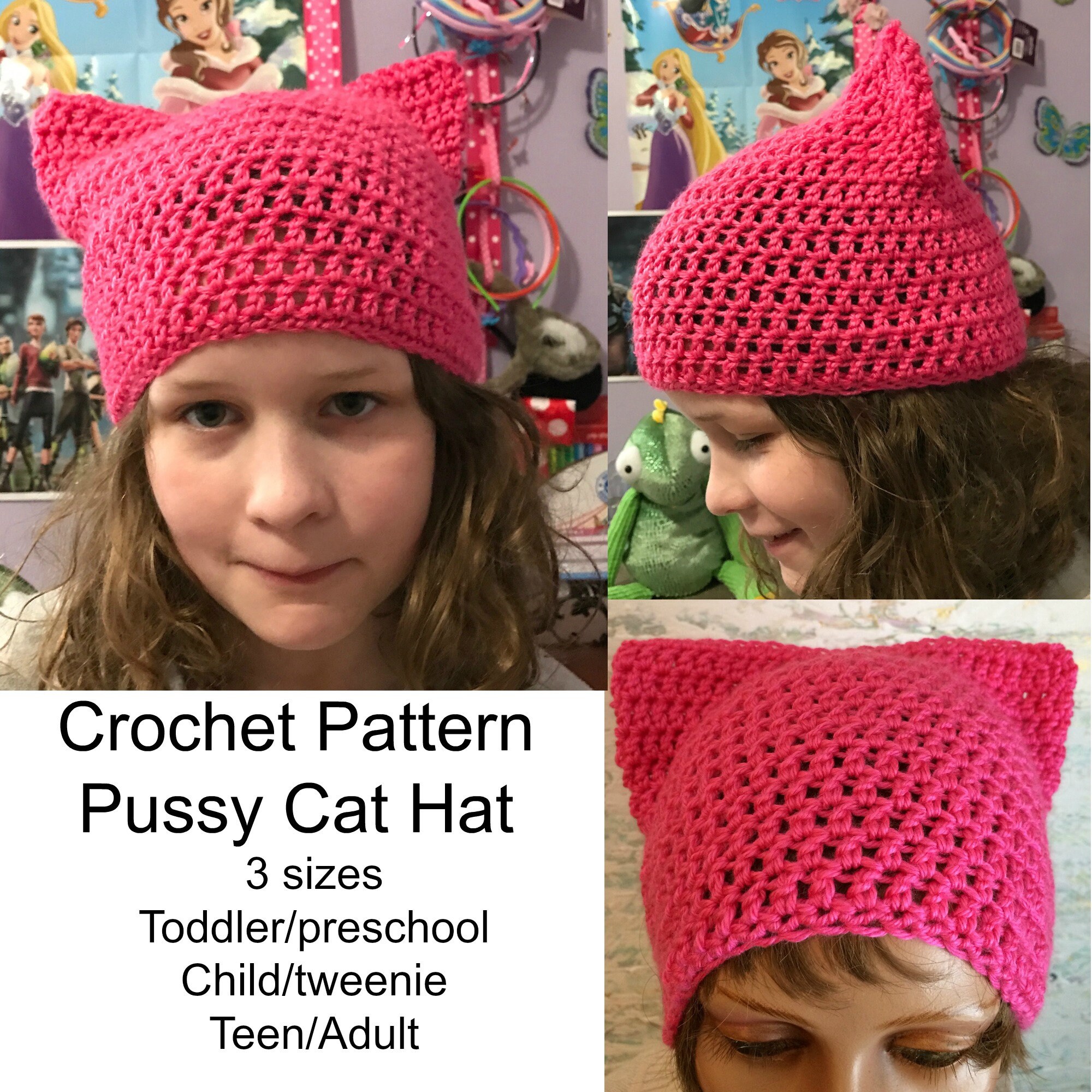 Pussy cat hat crochet pattern Child size Pussy hat pattern | Etsy