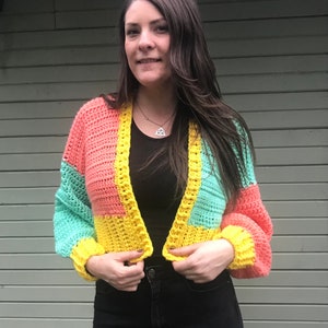 Crochet Cardigan Pattern, colour block cropped  cardigan,  Cropped Crochet Cardigan pattern, colour block crochet cardigan pattern