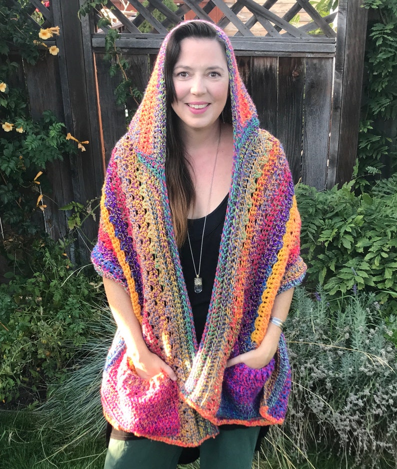 Crochet Pattern, Hooded pocket shawl, Boho style, crochet pocket shawl , crochet readers wrap pattern, hooded wrap with pockets pdf, wrap image 4