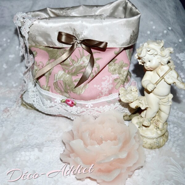 Vide-poche shabby rose et beige impression toile de Jouy