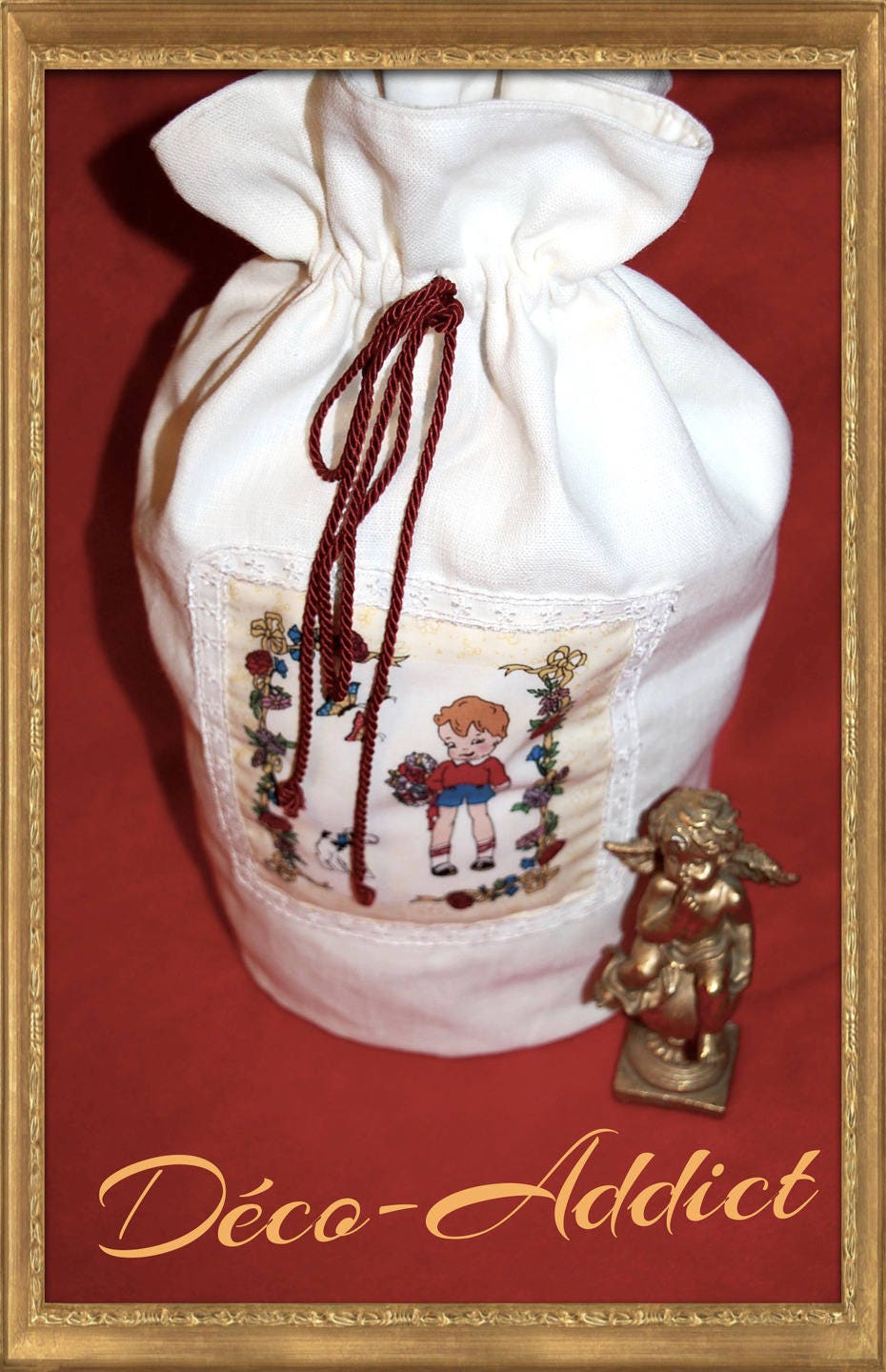 Duo Pochon Original en Lin Écru Pour Enfants Appliqué Fille et Garçon