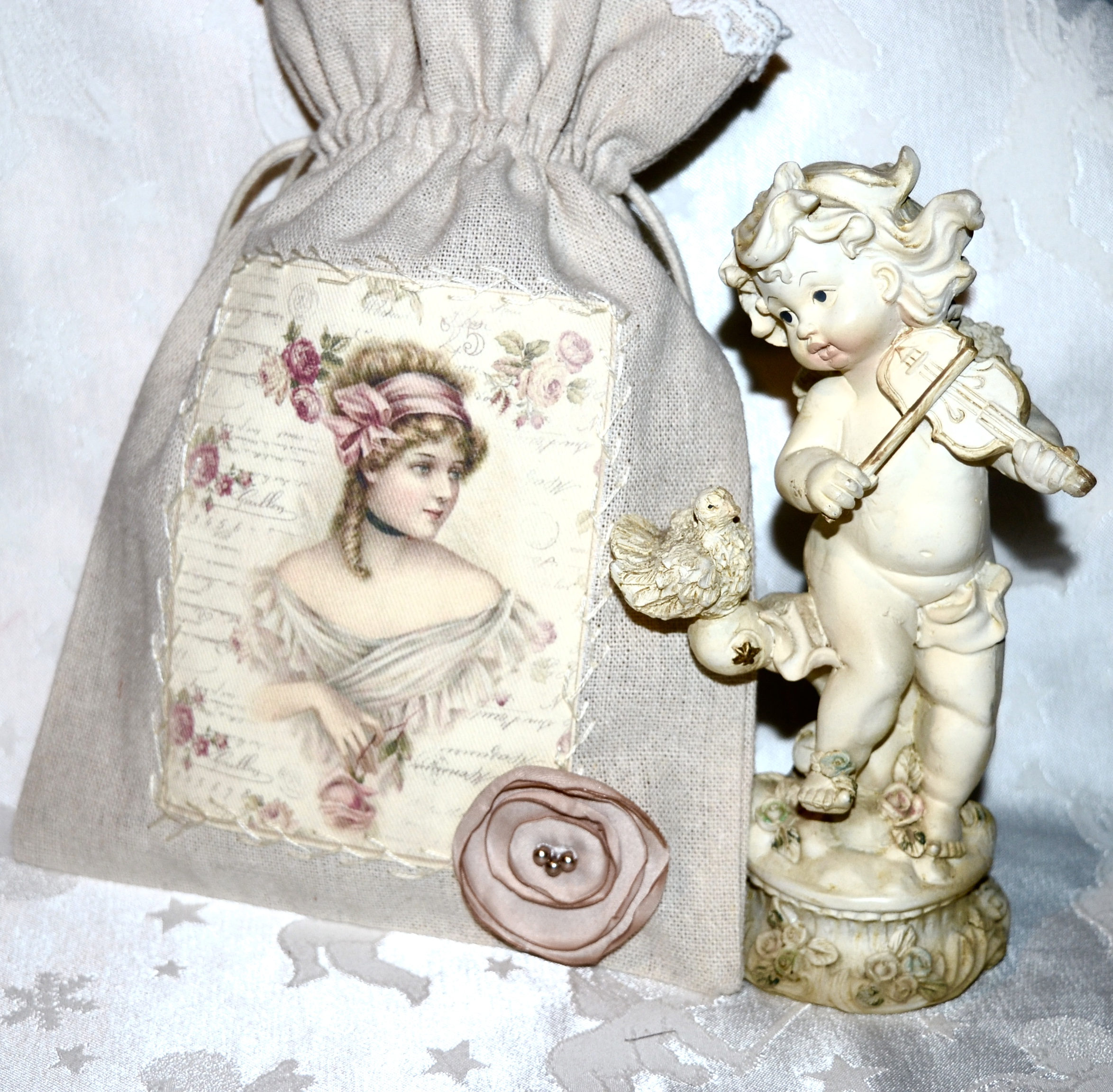 Pochon en Toile de Coton Beige Romantique et Rose