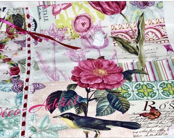 cabas shabby thème roses anciennes et oiseaux tissu de créateur  pur coton