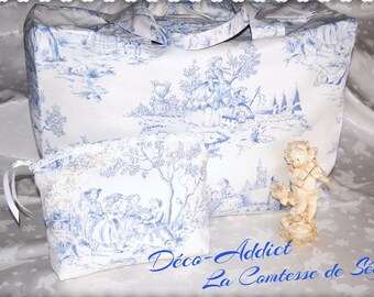 Sac de voyage en toile de Jouy et sa trousse assortie - blanc et bleu ciel -Sur le thème de la Comtesse de Ségur