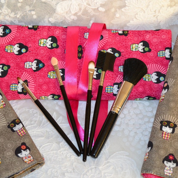 Trousse à maquillage en pur coton thème poupées Japonaises - Fushia