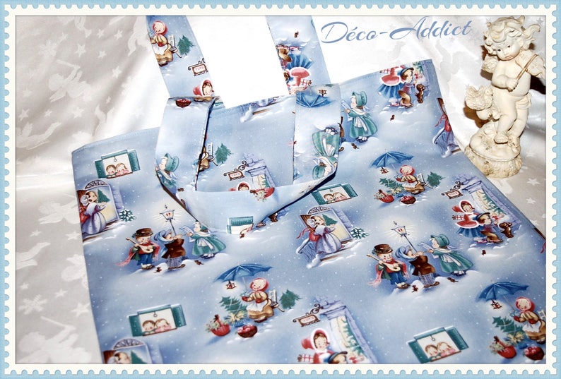 Designer fabric tote bag blue gray Victorian theme Little characters image 2