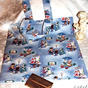 Designer fabric tote bag blue gray Victorian theme Little characters image 1