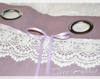 Ready-to-hang shabby linen curtain in purple color and cotton lace - silver metal rings