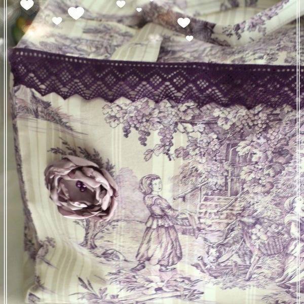 sac de voyage en toile de Jouy écru et prune