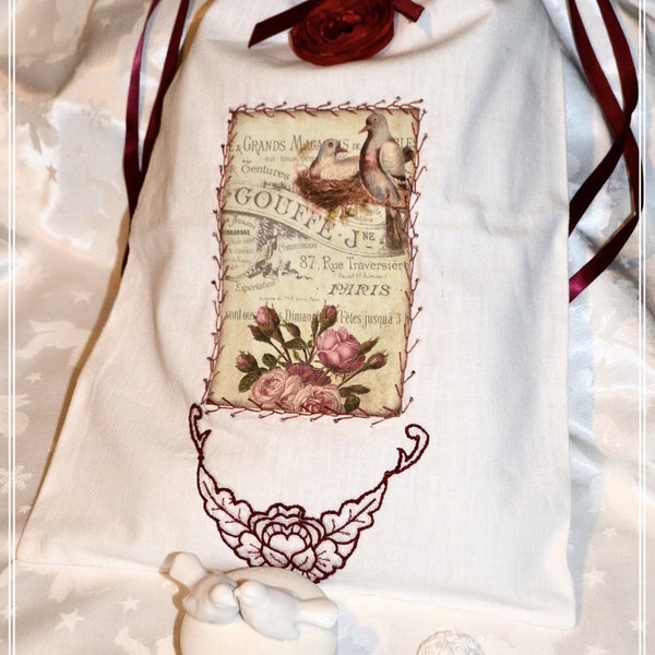 Sac shabby en coton blanc brodé main au point d épine pour ranger la lingerie fine