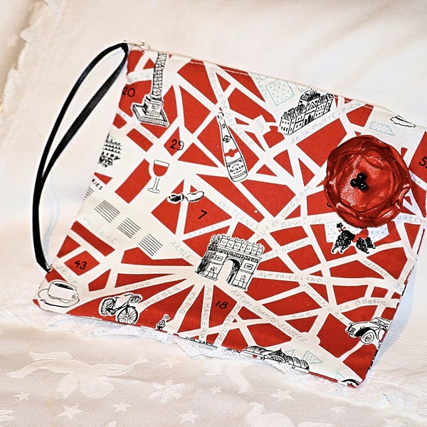 Jolie trousse à bijoux en pur coton - Tissu de créateur - Thème Plan de Paris - Rouge blanc et noir