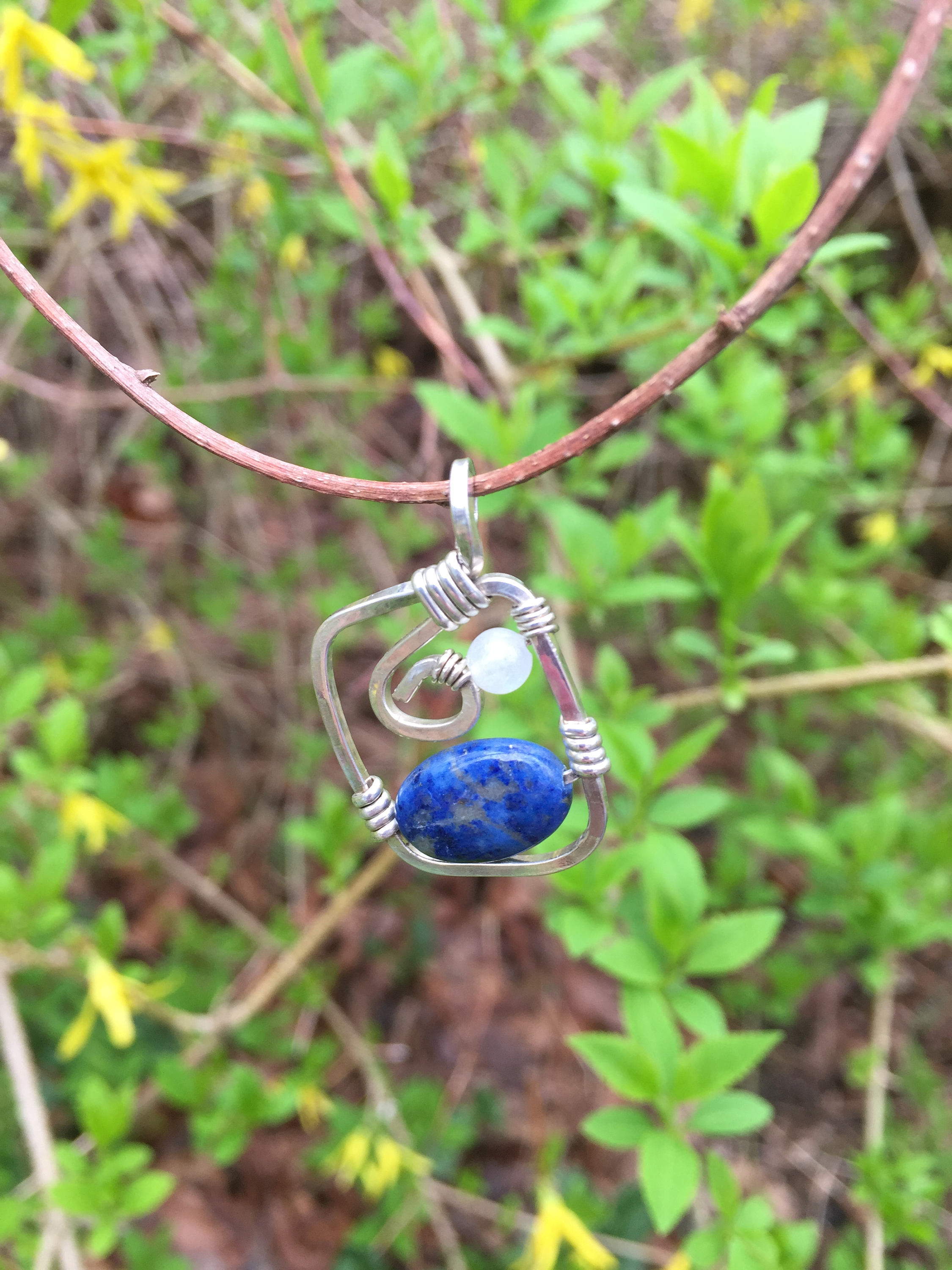 Sterling Silver Wire Wrapped Rectangle Lapis Lazuli and Moonstone Beads ...