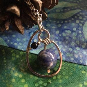 Sterling Silver Hand Forged and Wire Wrapped Unique Sodalite and Blue Goldstone Pendent