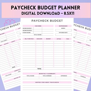 May include: Printable budget planner in black and white with pink accents. The planner is divided into sections for income, expenses, and a monthly summary. The text "PAYCHECK BUDGET PLANNER" is at the top of the page.